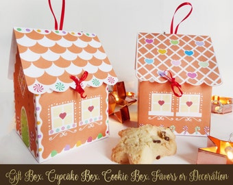 Printable Gingerbread House Kit - Christmas Cupcake holder - Cookie box - Party favors - Christmas Gifts and Treats - 2 Designs