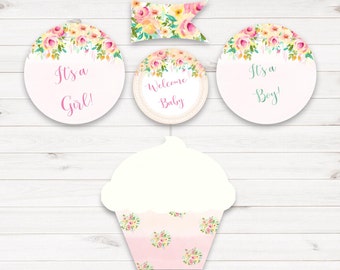 Adornos y envoltorios florales para cupcakes de baby shower - Flores rosas - Es un niño - Es una niña - Descarga instantánea imprimible