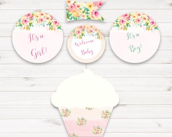 Floral Baby Shower Cupcake Toppers and Cupcake Wrappers - Printable It's a Boy - It's a Girl - Instant Download - Floral - Peaches and Cream