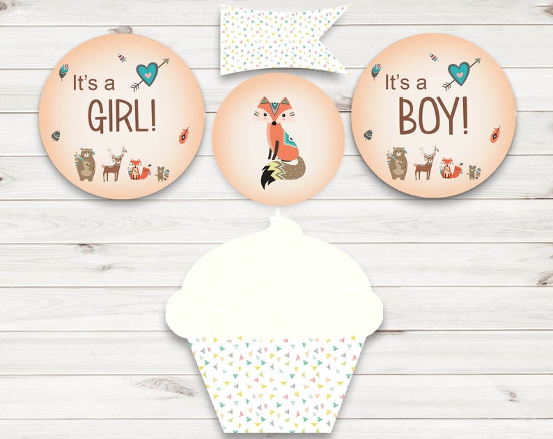 Woodland Baby Shower Cupcake Toppers and Cupcake Wrappers Printable Its a Boy Its a Girl Instant Download Tribal Woodland