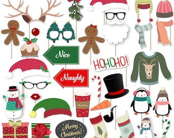 Accesorios de fotomatón de Navidad - 37 accesorios de Navidad - Santa Claus - Sra. Claus - Elfo - Bigote - Reno - Muñeco de nieve - Accesorios fotográficos - fotoprops