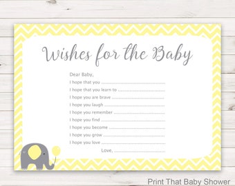 Baby Shower Games - Wishes For Baby Game - Yellow Elephant Shower Game - Wishes For Baby Printable - Wishes For Baby Card - Yellow Elephant