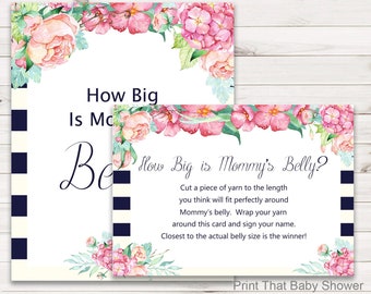 Juegos de Baby Shower - Qué tan grande es el juego del vientre de mamá - Baby Shower floral - Juegos de ducha de flores - Adivina qué tan grande es el vientre de mamá - Floral