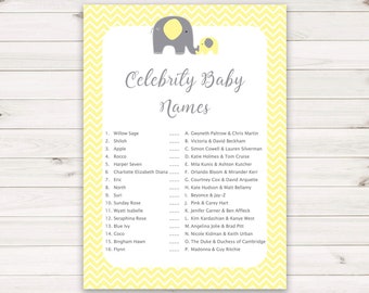 Baby Shower Games - Celebrity Baby Names Game - Yellow Elephant Baby Shower - Yellow Elephant Shower Games, Baby Names Game, Yellow Elephant