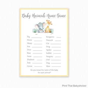 Baby Shower Games - Baby Animals Name Game - Jungle Theme Baby Shower - Elephant theme baby shower - Baby Animals Shower Game - Jungle