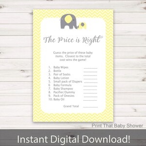 The Price is Right Baby Shower Game - Yellow Elephant Baby Shower Games -  Baby Price Is Right - Yellow Elephant