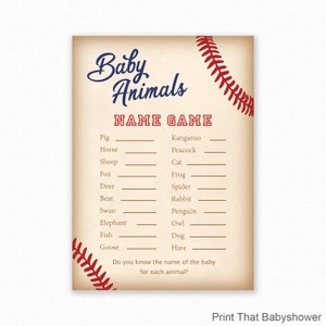 Baby Shower Games - Baby Animals Name Game - Baseball Baby Shower - Baseball Shower Game - Baby Animals Shower Game - Sports Baby Shower