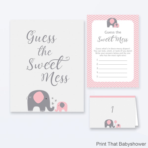 Baby Shower Games - Guess The Sweet Mess Game - Pink Elephant Baby Shower - Pink Elephant Shower Games - Dirty Diapers Game - Pink Elephant