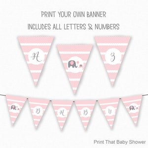Elephant Baby Shower Banner - Baby Shower Decorations - Congratulations Flag Bunting - Printable Banner - Baby Shower Banner - Pink Elephant