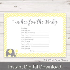 Baby Shower Games - Wishes For Baby Game - Yellow Elephant Shower Game - Wishes For Baby Printable - Wishes For Baby Card - Yellow Elephant
