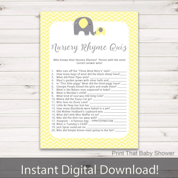 Baby Shower Games Nursery Rhyme Quiz Game Yellow Etsy UK