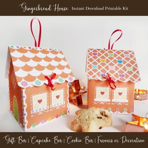 Printable Gingerbread House Kit - Christmas Cupcake holder - Cookie box - Party favors - Christmas Gifts and Treats - 2 Designs