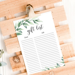 Baby Shower Printable Gift List - Greenery Baby Shower - Gift Checklist - Pritnable Party Planner - Guest List - Baby Shower Gift Tracker