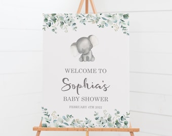 Baby Shower Welcome Sign - Baby Elephant Baby Shower Printable Signs - Welcome to the Baby Shower - Personalized - Greenery Baby Shower