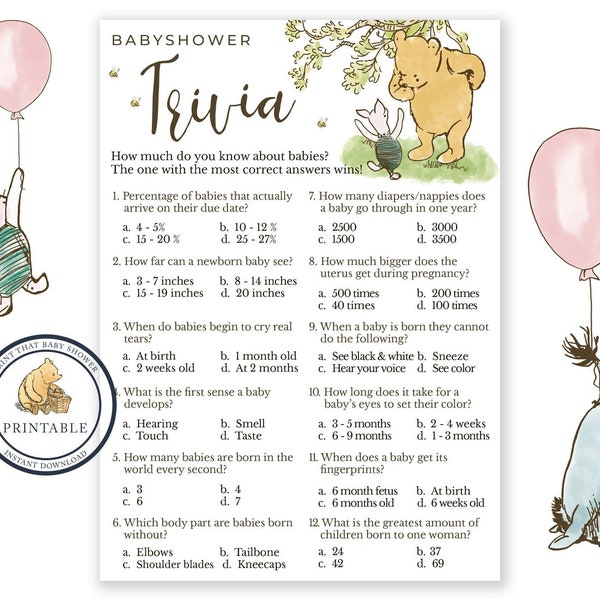 Baby Shower Games - Baby Trivia Game - Baby Shower Trivia - Winnie The Pooh Baby Shower - Classic Pooh Bear Shower Game - Printable Game