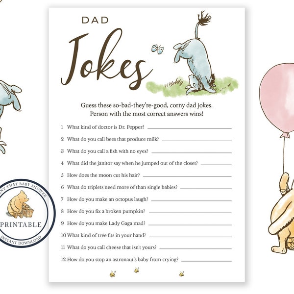 Baby Shower Games - Dad Jokes Game - Baby Shower Trivia Game - Classic Winnie The Pooh Baby Shower - Pooh Bear Baby Shower