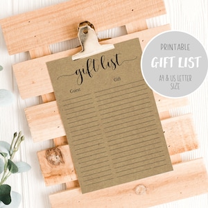 Baby Shower Printable Gift List - Rustic Baby Shower - Gift Checklist - Pritnable Party Planner, Guest List, Baby Shower Gift Tracker, Kraft