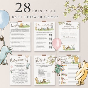 May include: A set of 28 printable baby shower games featuring Winnie the Pooh and Piglet characters. The games include "Family Feud", "Memory or Daddy", "Baby Predictions & Advice", "Baby Shower Guest Bingo", "Baby Shower Price is Right", and "Baby Shower Emoji Dictionary".