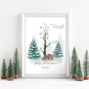 Baby Shower Fingerprint Guest Book - Winter Woodland Baby Shower - Personalized Alternative Guest Book - Fingerprint Tree - Bear Baby Shower