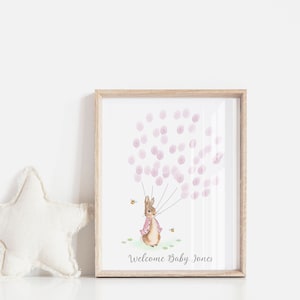 Baby Shower Fingerprint Guest Book - Peter Rabbit Baby Shower - Libro degli ospiti alternativo personalizzato - Albero delle impronte digitali - Peter Rabbit - Rosa