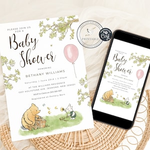 Winnie The Pooh Baby Shower Invitations - Winnie The Pooh Baby Shower - Editable Invitation - Digital Invite - Classic Pooh Bear Invite