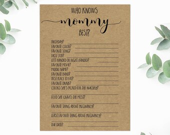 Who Knows Mommy Best Baby Shower Game - Rustic Baby Shower - Gender Neutral Baby Shower - Printable Digital Download - Woodland Rustic Kraft