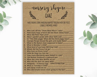 Nursery Rhyme Quiz - Rustic Baby Shower - Baby Shower Game - Nursery Rhyme Game - Printable - Baby Shower Quiz game - Kraft