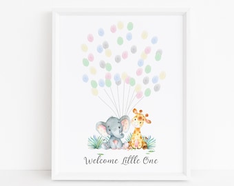 Baby Shower Fingerprint Guest Book - Elephant Baby Shower - Alternative Guest Book - Fingerprint Tree - Jungle Friends