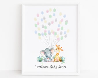 Baby Shower Fingerprint Guest Book - Elephant Giraffe Baby Shower - Personalized Alternative Guest Book - Fingerprint Tree - Jungle Friends