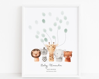 Baby Shower Fingerprint Guest Book - Elephant Giraffe Baby Shower - Personalized Alternative Guest Book - Fingerprint Tree - Safari Friends