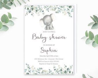 May include: A baby shower invitation with a cute gray elephant illustration and green foliage. The invitation reads "Join us for a Baby Shower in honor of Sophia" and includes the date, time, address, RSVP information, and registry details.
