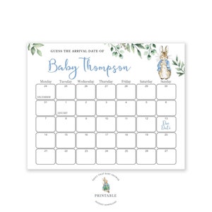 Indovina la data di scadenza - Gioco per baby shower di Peter Rabbit - Previsione del compleanno del baby shower / Gioco del calendario della data di scadenza / Peter Rabbit