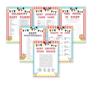 Baby Shower Games - 6 Games bundle - Circus Baby Shower - Circus Shower Games - Celebrity Baby Names etc - Circus