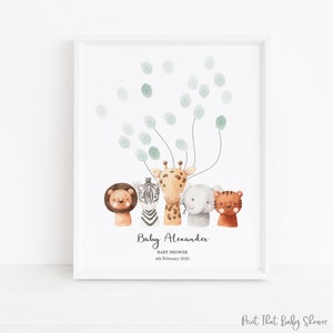 Baby Shower Fingerprint Guest Book - Elephant Giraffe Baby Shower - Personalized Alternative Guest Book - Fingerprint Tree - Safari Friends