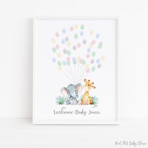 Baby Shower Fingerprint Guest Book - Elephant Giraffe Baby Shower - Personalized Alternative Guest Book - Fingerprint Tree - Jungle Friends