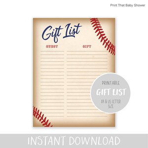 Baby Shower Printable Gift List - Baseball Baby Shower - Gift Checklist - Printable Party Planner - Guest List - Baby Shower Gift Tracker