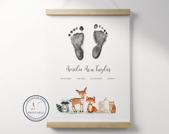 Personalised Baby Footprint Art Printable | Keepsake Birth Print | New Baby Gift | Baby Shower | Nursey Wall Art | Woodland Animals