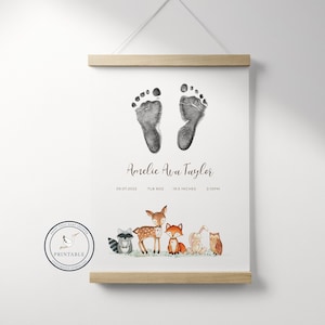 Personalised Baby Footprint Art Printable | Keepsake Birth Print | New Baby Gift | Baby Shower | Nursey Wall Art | Woodland Animals