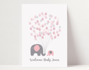 Baby Shower Fingerprint Guest Book - Elephant Baby Shower - Personalized Alternative Guest Book - Fingerprint Tree - Pink Elephant