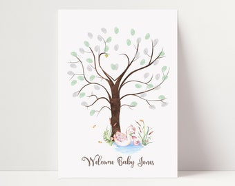 Baby Shower Fingerprint Guest Book - Woodland Swan Baby Shower - Personalized Alternative Guest Book - Fingerprint Tree - Mamma Swan