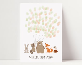 Libro de visitas de huellas dactilares de Baby Shower - Woodland Baby Shower - Libro de invitados alternativo personalizado - Árbol de huellas dactilares - Woodland