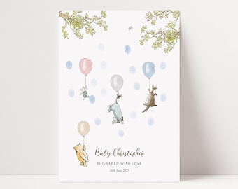 May include: A Winnie the Pooh themed baby shower game with a white background. The game features Winnie the Pooh and his friends holding balloons. The text "Baby Christopher Showered with Love 20th June 2023" is printed at the bottom of the game.