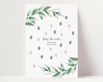 May include: A printable baby shower game with a green watercolor leaf design. The game is called "Guess the Baby's Footprint" and has a list of names for guests to guess. The text "Baby Alexander Baby Shower 4th February 2022" is printed on the game card.