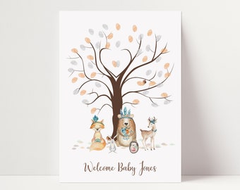 Libro de invitados de huellas dactilares de ducha de bebé - Woodland Baby Shower - Libro de invitados alternativo personalizado - Árbol de huellas dactilares - Boho Woodland Friends