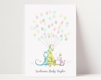 Baby Shower Fingerprint Guest Book, Dragon Giraffe Baby Shower - Personalized Alternative Guest Book - Fingerprint Tree - Very Scary Dragons