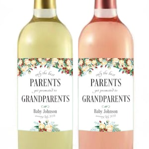 Pregnancy Announcement, Baby Announcement Wine Bottle Label, Custom Wine Label, Floral Baby Shower Favor, Parent promoted to Grandparent