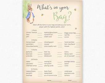 What's In Your Purse Game? - Baby Shower Games - Peter Rabbit Baby Shower - Peter Rabbit Shower Games - Shower Games - Peter Rabbit - Leaf