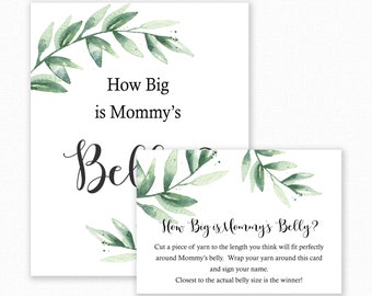 Baby Shower Games - How Big is Mommy's Belly Game, Greenery Baby Shower, Printable Shower Games - Guess how big mommys belly - Botanical