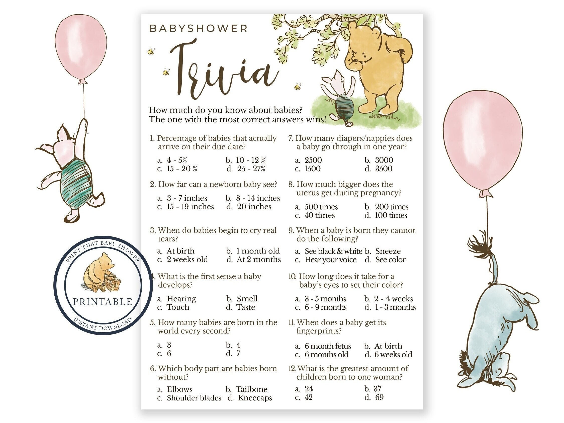 Baby Shower Games - Baby Trivia Game - Baby Shower Trivia - Winnie The Pooh Baby Shower - Classic Pooh Bear Shower Game - Printable Game