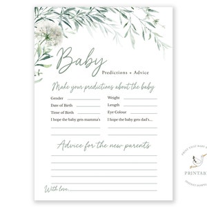 Carte de prédictions de bébé | Jeux de baby shower | Conseils et souhaits des futurs parents | Prédictions et conseils pour bébé, Shower de bébé botanique, Verdure